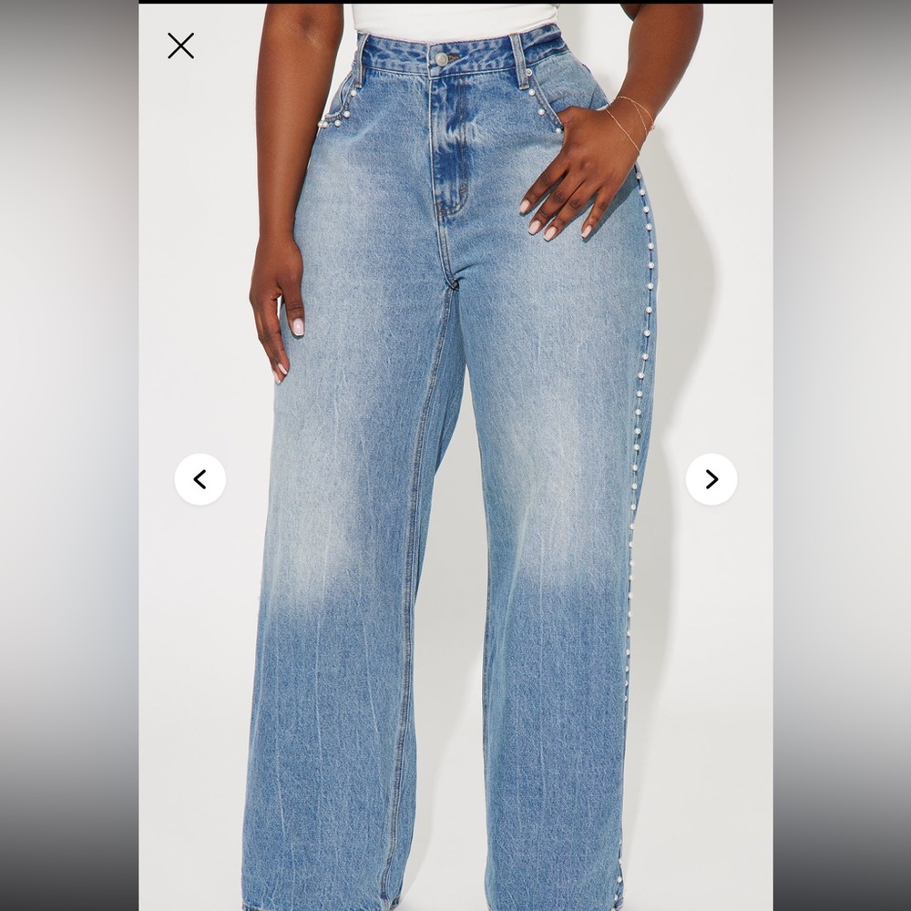 Fashion Nova Light Blue Wide Leg Pearl-Trim Jeans